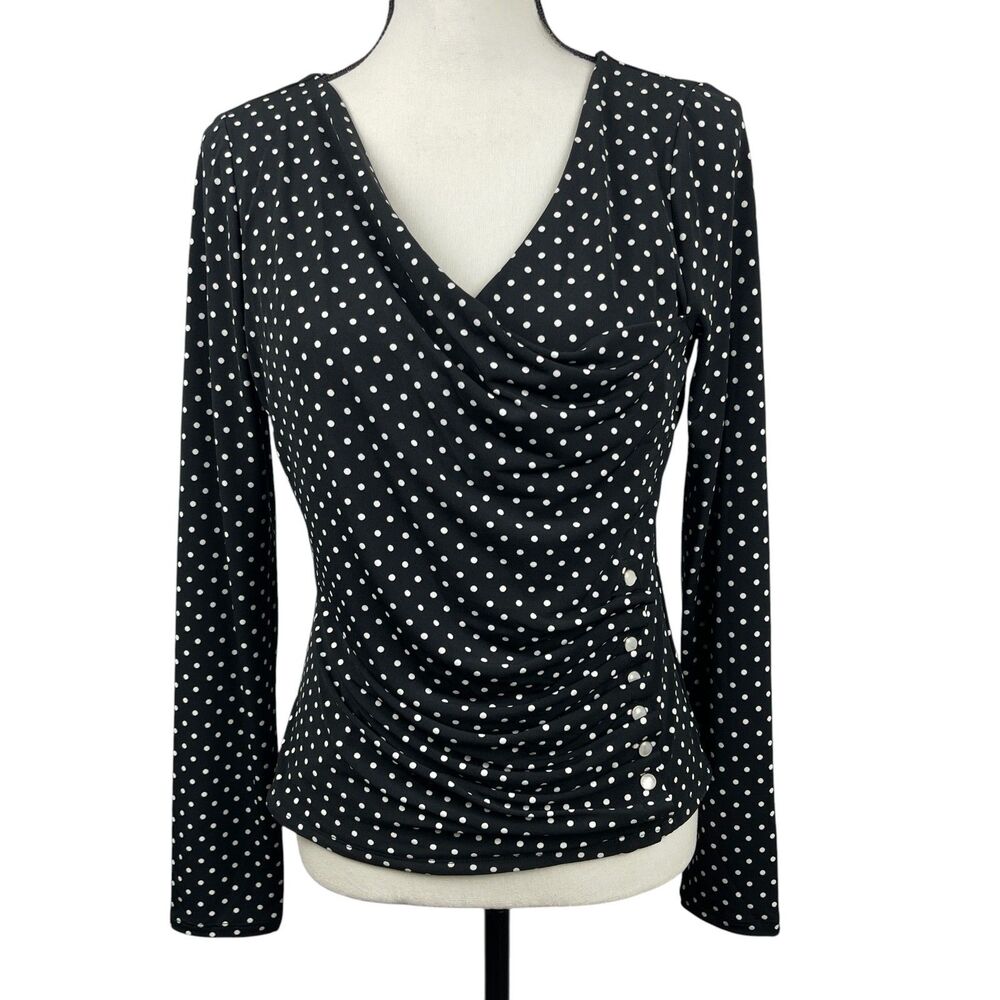 White House Black Market Women’s Top Medium Polka Dot Ruched Long Sleeve Blouse